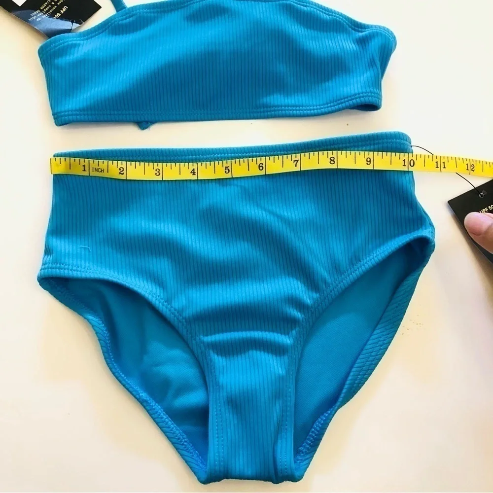 Art Class Girls Blue Turquoise Bandeau Ribbed Crisscross Tie Bikini Set Sz S/6-7